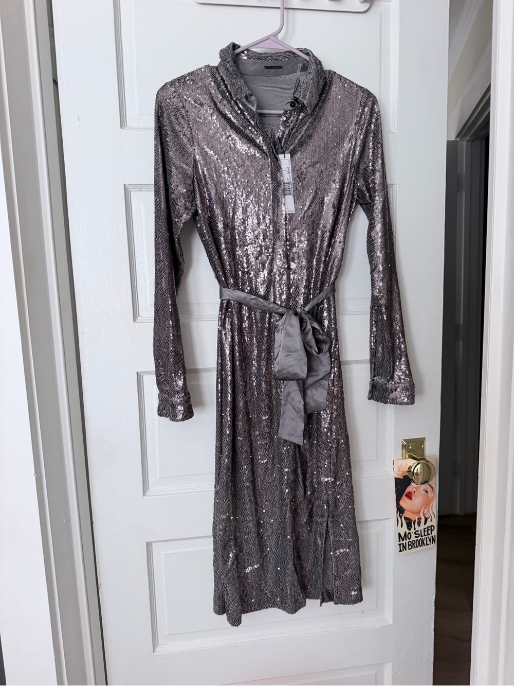 NWT Elie Tahari Sequin Long Sleeve Robe Dress with Sash - Silver